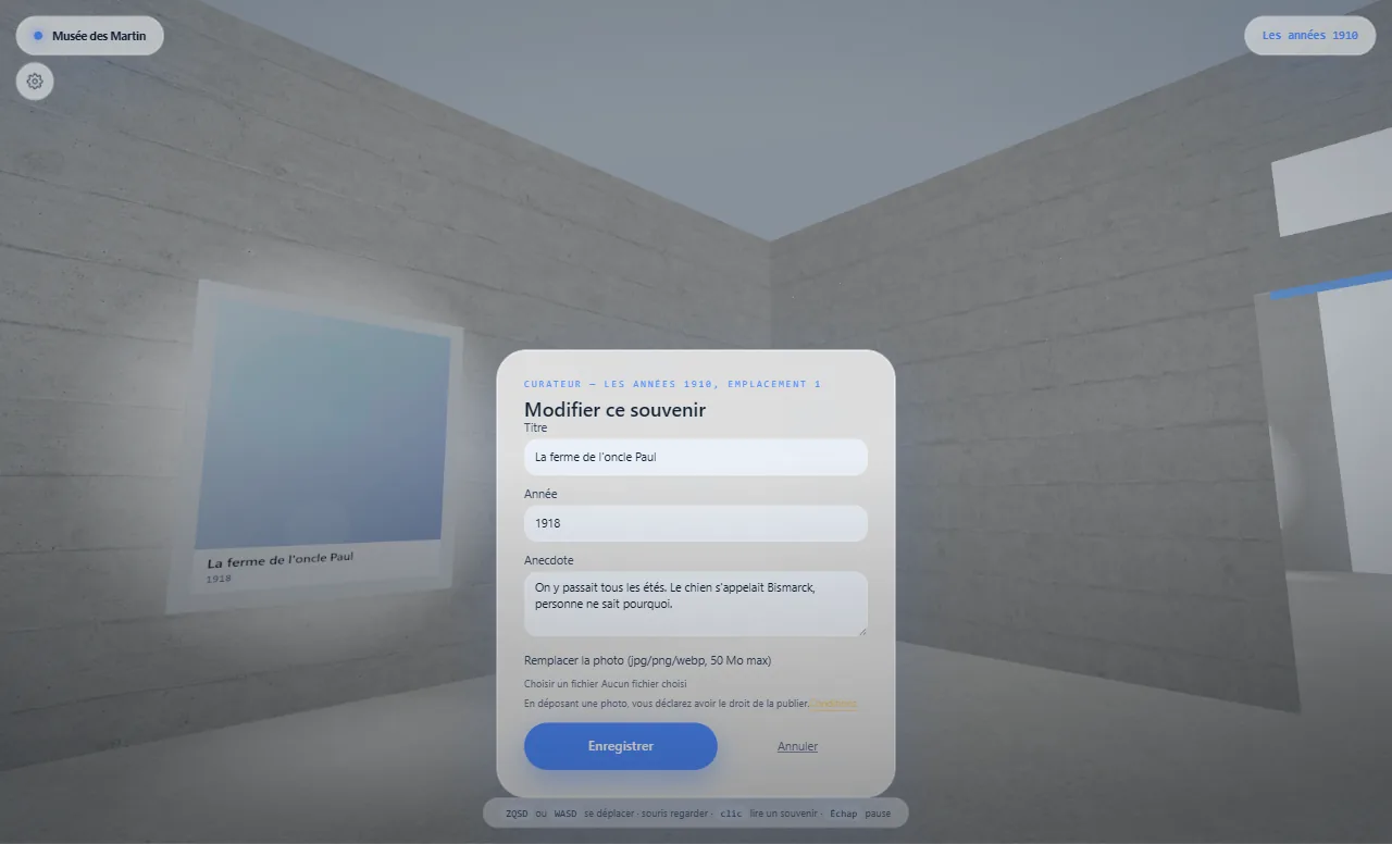 Mode curateur dans le musée : modification du titre, de l’année et de l’anecdote d’un souvenir, avec le cadre sur le mur en béton derrière
