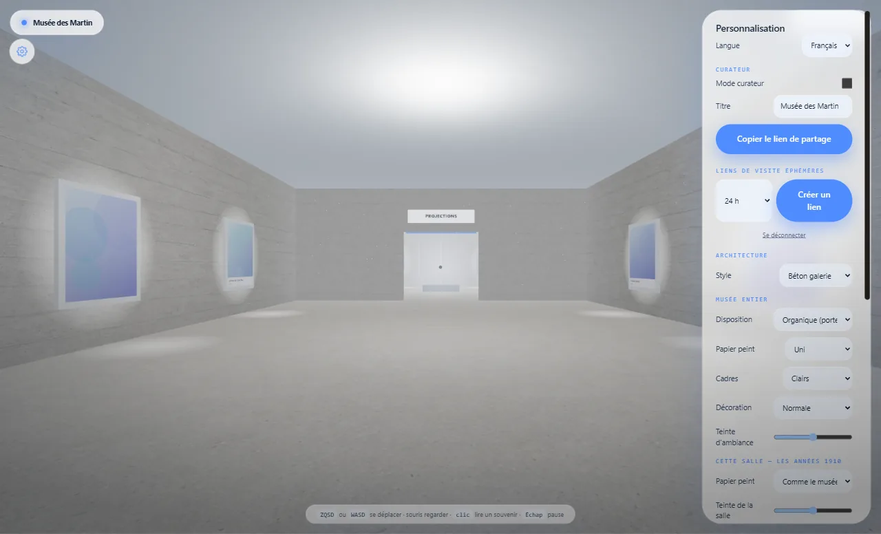 Une galerie au style béton, panneau de personnalisation ouvert : style d’architecture, disposition, cadres, lien de partage et liens de visite éphémères